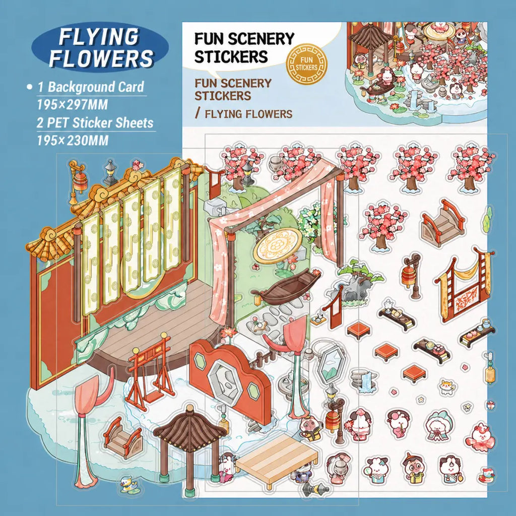 Flying Flowers 3D scene sticker kit contents with background card and two PET sticker sheets