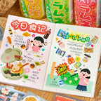 Food journaling stickers used in notebook pages with Japanese meal and convenience store themed collage layouts