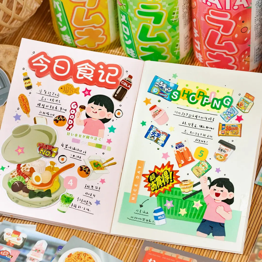 Food journaling stickers used in notebook pages with Japanese meal and convenience store themed collage layouts