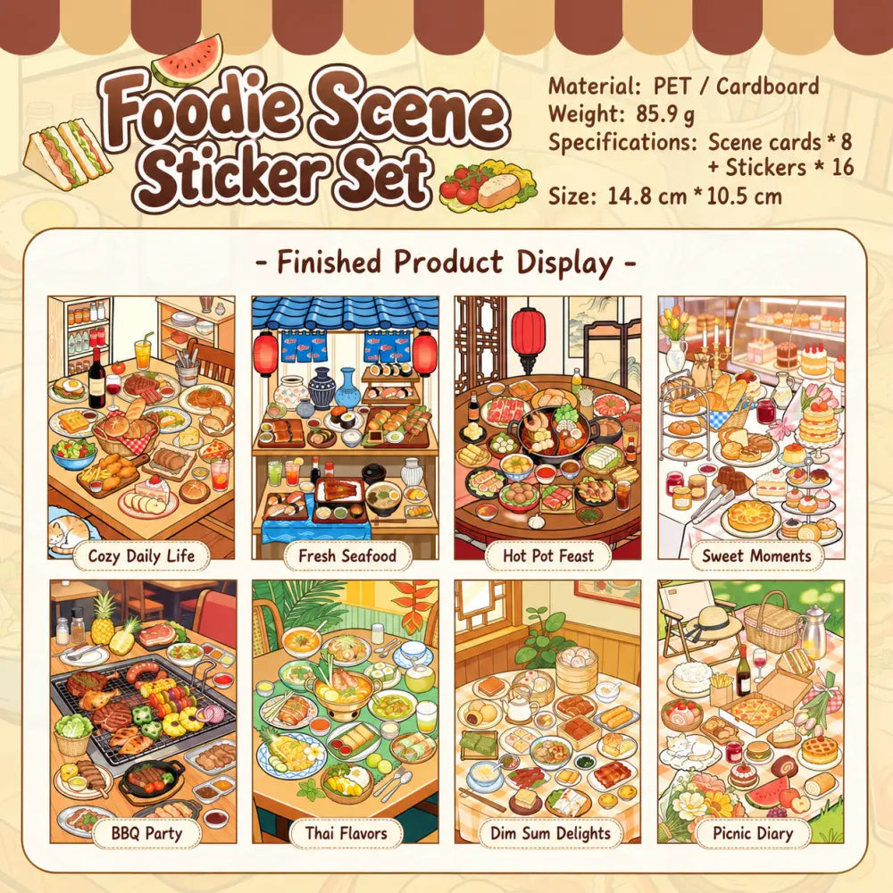 Eight finished food scene designs from the Foodie Moments Food Scene Sticker Book