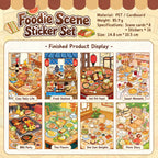 Eight finished food scene designs from the Foodie Moments Food Scene Sticker Book