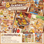 Foodie Moments Scene Sticker Book showing 8 scene cards, 16 sticker sheets, size, weight, and product contents