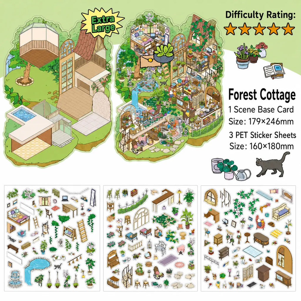 Forest Cottage 3D Scene Sticker Kit with one scene base card and three PET sticker sheets