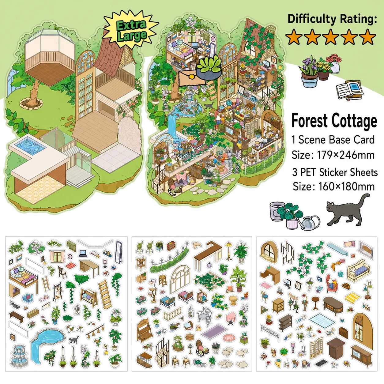Forest Cottage 3D Scene Sticker Kit with one scene base card and three PET sticker sheets