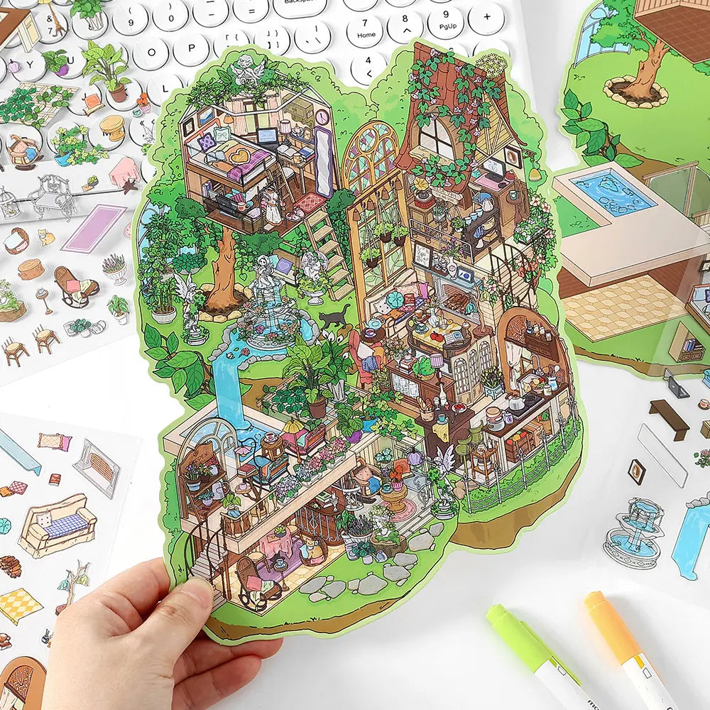 Finished Forest Cottage 3D-look sticker scene with treehouse, garden, plants, and cozy room details