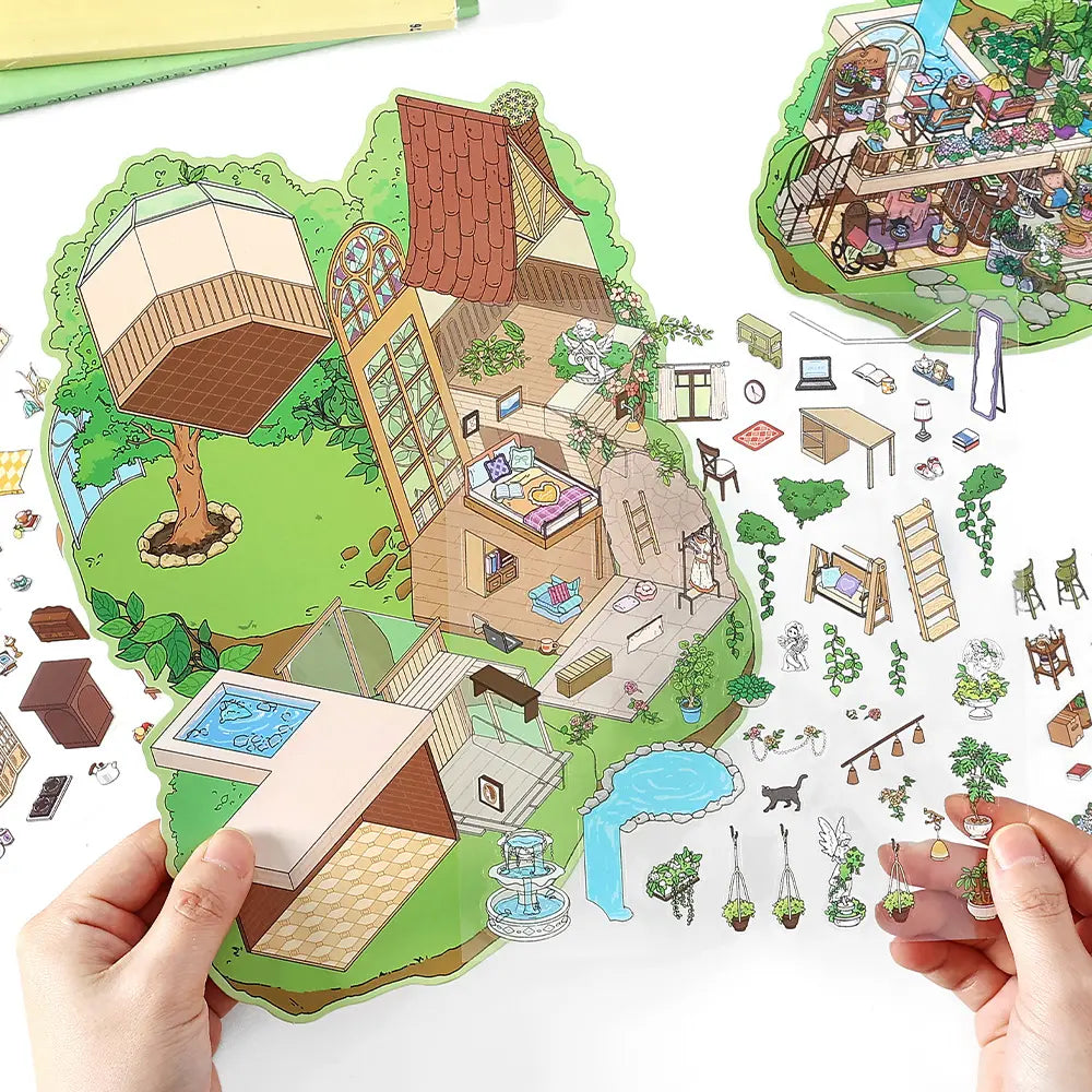 Forest Cottage scene base card with PET sticker sheets and miniature garden decor pieces