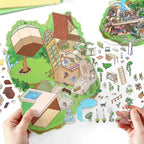 Forest Cottage scene base card with PET sticker sheets and miniature garden decor pieces