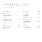 English contents list for the Forest Daydream Junk Journal Kit with included item names and quantities