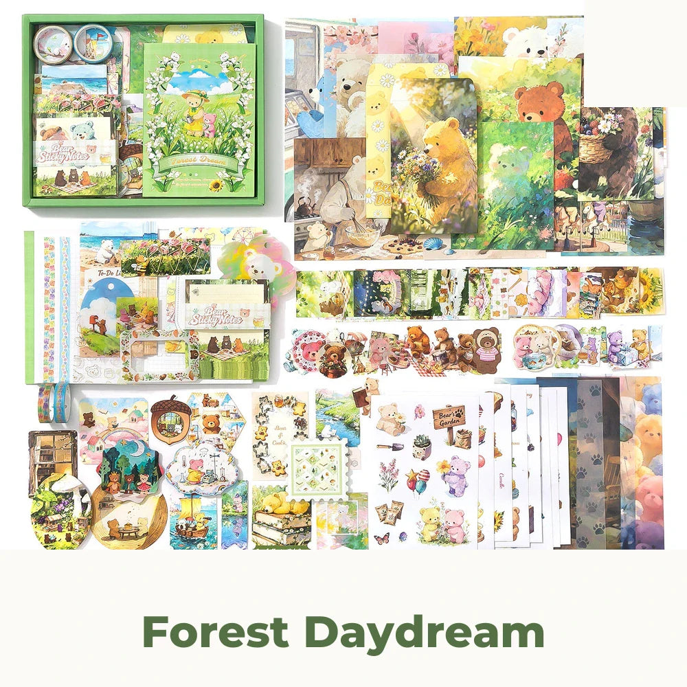 Forest Daydream Junk Journal Kit flat lay showing the coordinated papers, ephemera, stickers, and craft embellishments included in the set