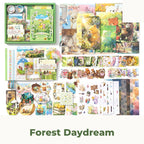 Forest Daydream Junk Journal Kit flat lay showing the coordinated papers, ephemera, stickers, and craft embellishments included in the set