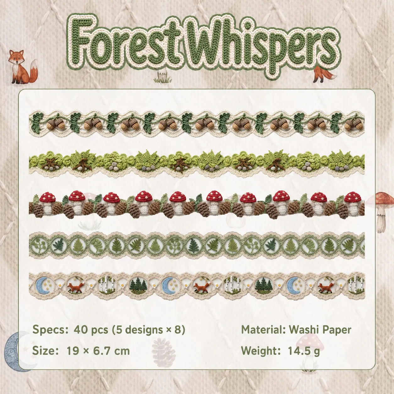 Forest Whispers crochet-look border journaling stickers with 40 washi paper pieces
