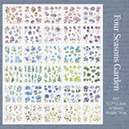 Four Seasons Garden floral journaling sticker sheets with blue flowers, ferns, clovers, and botanical designs