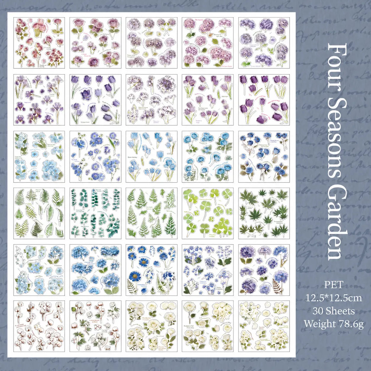 Four Seasons Garden floral journaling sticker sheets with blue flowers, ferns, clovers, and botanical designs