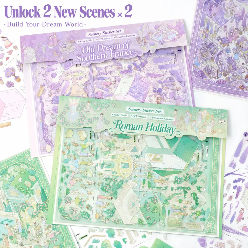 Two French garden scene sticker kit styles with PET sticker sheets and scene cards