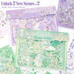 Two French garden scene sticker kit styles with PET sticker sheets and scene cards