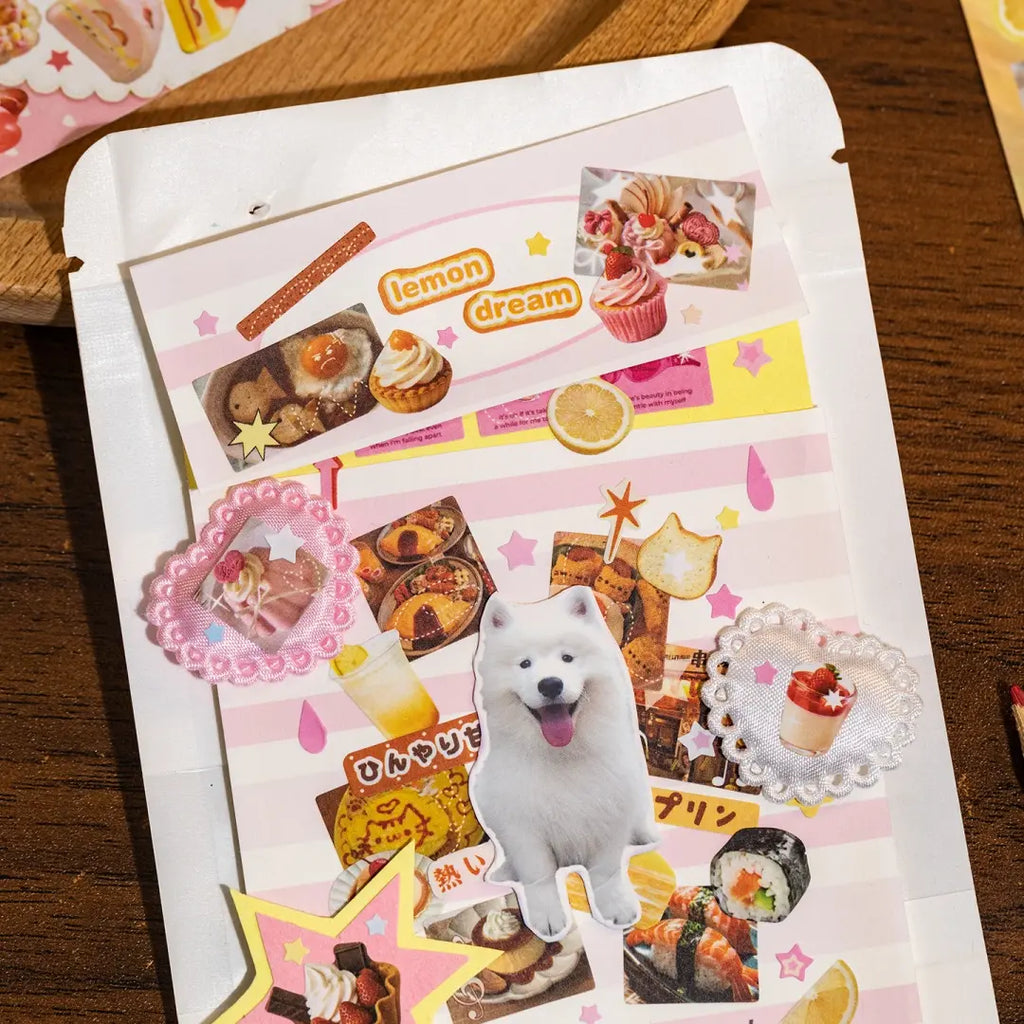 Fruit and dessert journaling stickers used in a soft pink collage layout with lemon, cake, drink, and snack details