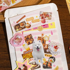 Fruit and dessert journaling stickers used in a soft pink collage layout with lemon, cake, drink, and snack details