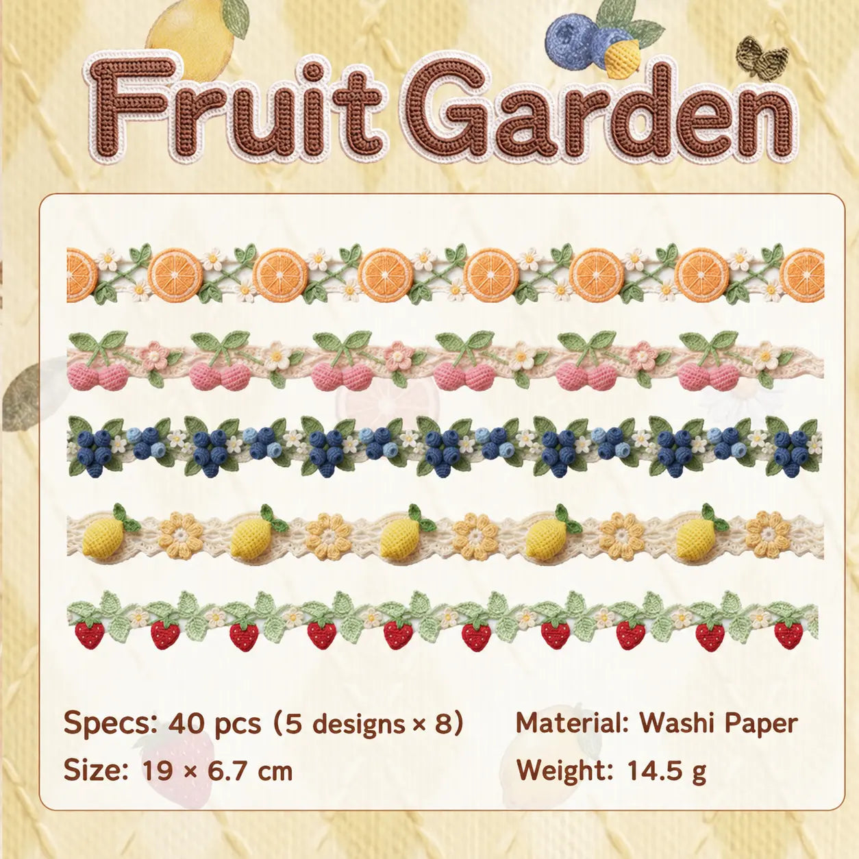 Fruit Garden crochet-look border journaling stickers with 40 washi paper pieces