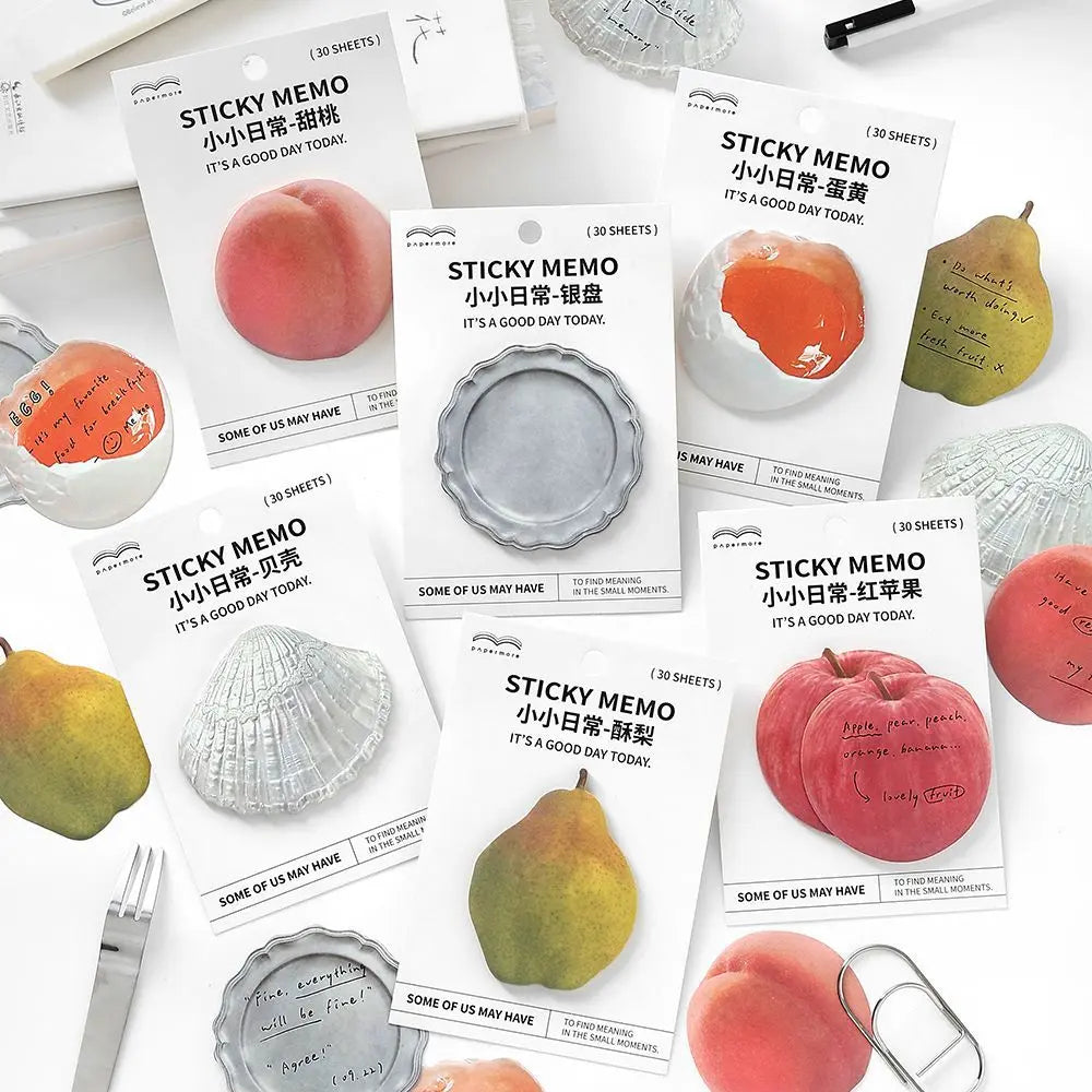 Fruit Notes sticky notes All 6 Styles set with pear, peach, apple, egg yolk, seashell, and silver tray designs.