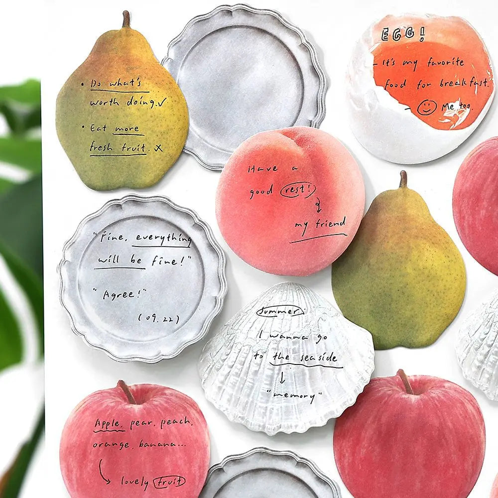 Fruit Notes sticky notes set with pear, peach, apple, egg, shell, and tray-shaped notes for planners.