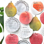 Fruit Notes sticky notes set with pear, peach, apple, egg, shell, and tray-shaped notes for planners.