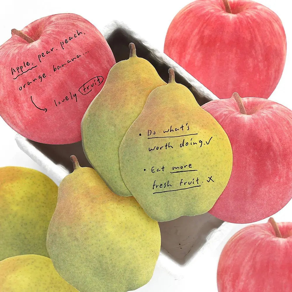 Fruit Notes sticky notes page detail with illustrated shaped memo pads for labels and planner reminders.