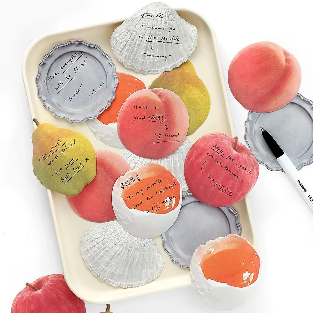 Fruit Notes sticky notes packaging view with assorted shaped note designs for planners and desk stationery.