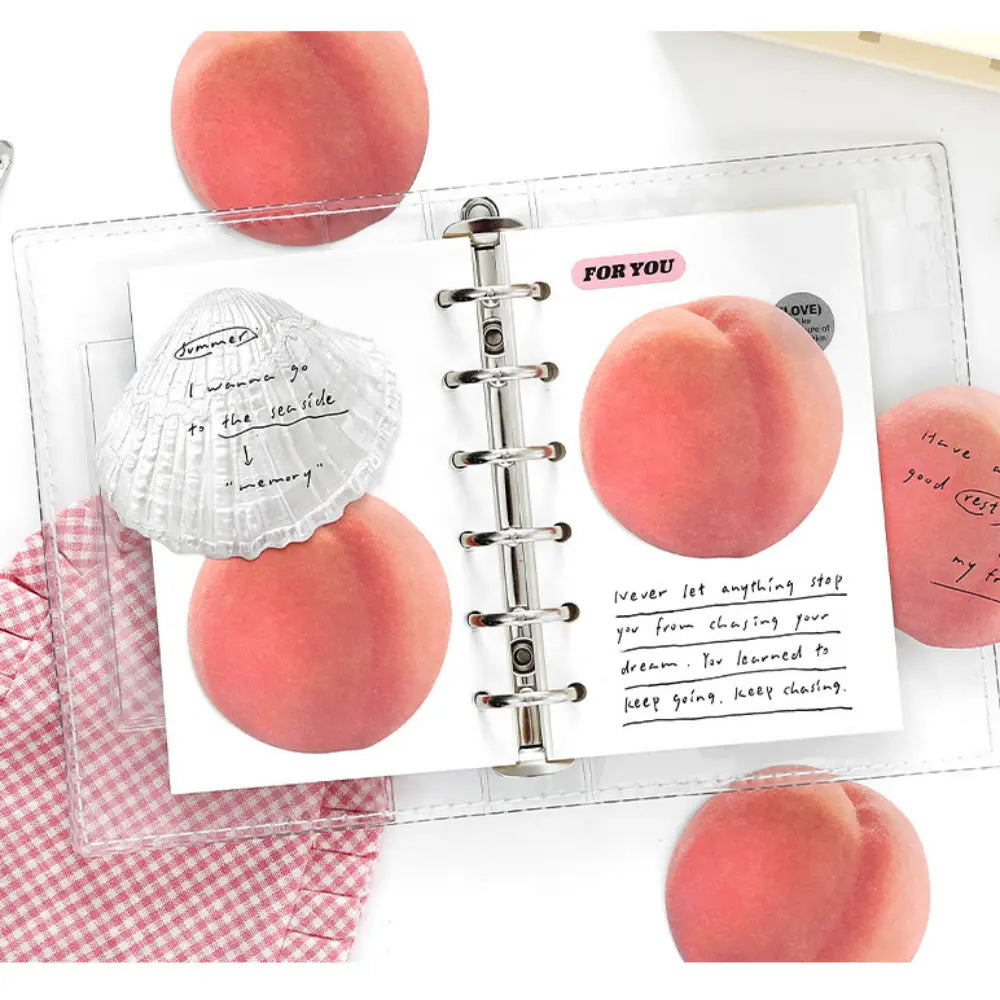 Fruit Notes sticky notes in use as cute planner accents, journal labels, and shaped daily reminders.