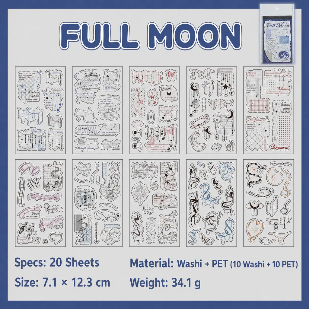 Full Moon journaling sticker set with 20 sheets of moons, stars, ribbons, and celestial line art