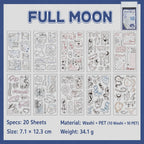 Full Moon journaling sticker set with 20 sheets of moons, stars, ribbons, and celestial line art