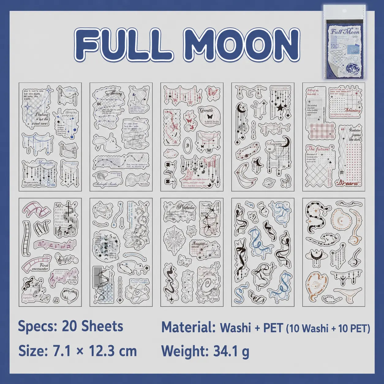 Full Moon journaling sticker set with 20 sheets of moons, stars, ribbons, and celestial line art