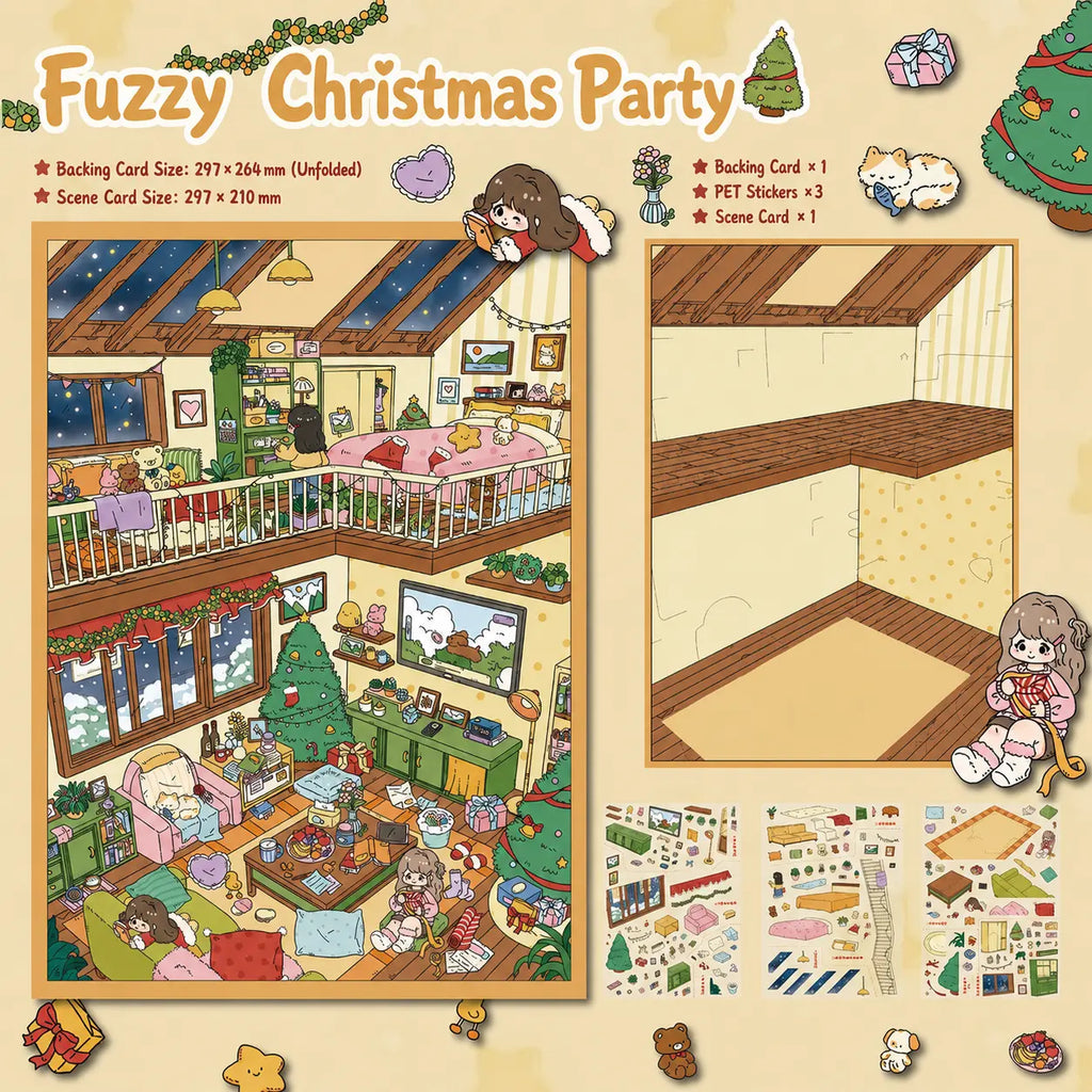 Fuzzy Christmas Party 3D scene sticker kit with scene card, backing card, and 3 PET sticker sheets