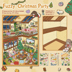 Fuzzy Christmas Party 3D scene sticker kit with scene card, backing card, and 3 PET sticker sheets