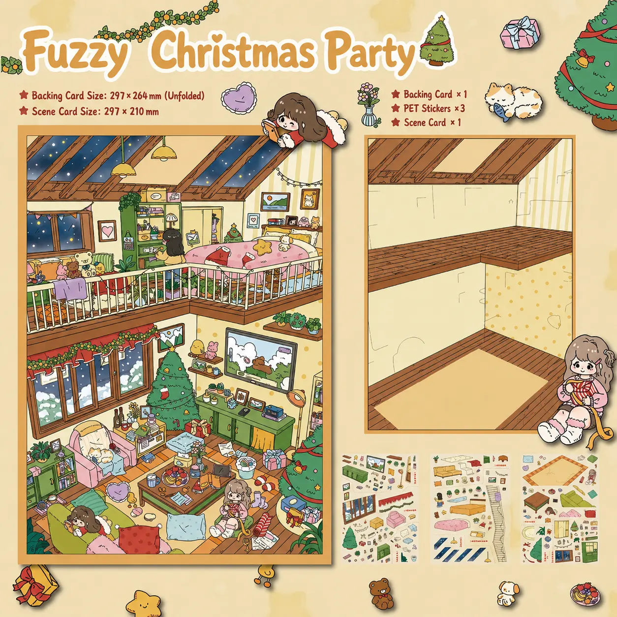 Fuzzy Christmas Party 3D scene sticker kit with scene card, backing card, and 3 PET sticker sheets