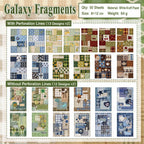 Galaxy Fragments patch stitch journaling sticker booklet overview with 50 sheets, green and blue plaid patterns, stars, flowers, and vintage scrap details