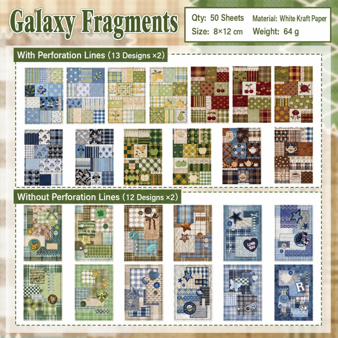 Galaxy Fragments patch stitch journaling sticker booklet overview with 50 sheets, green and blue plaid patterns, stars, flowers, and vintage scrap details