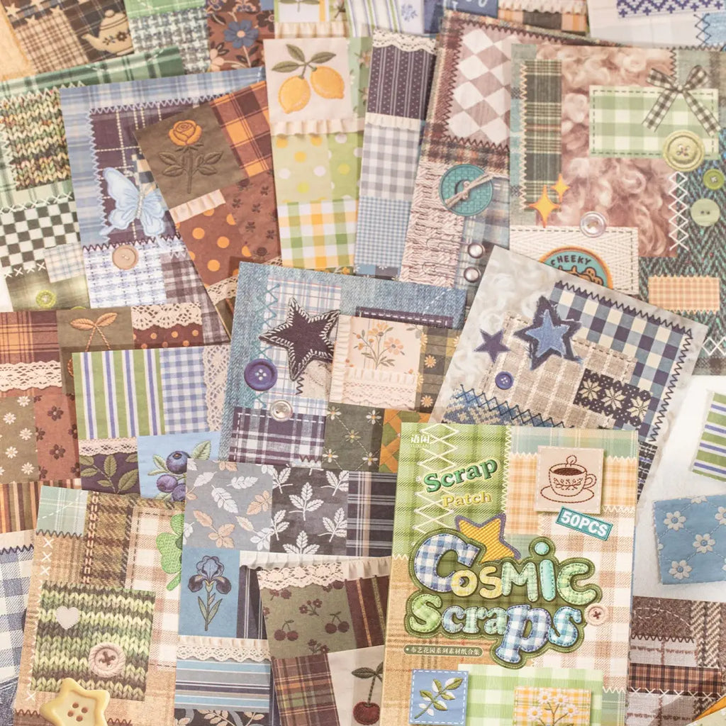 Green and blue patchwork journaling sticker sheets with plaid, stars, lace, flowers, buttons, and scrapbook-style details