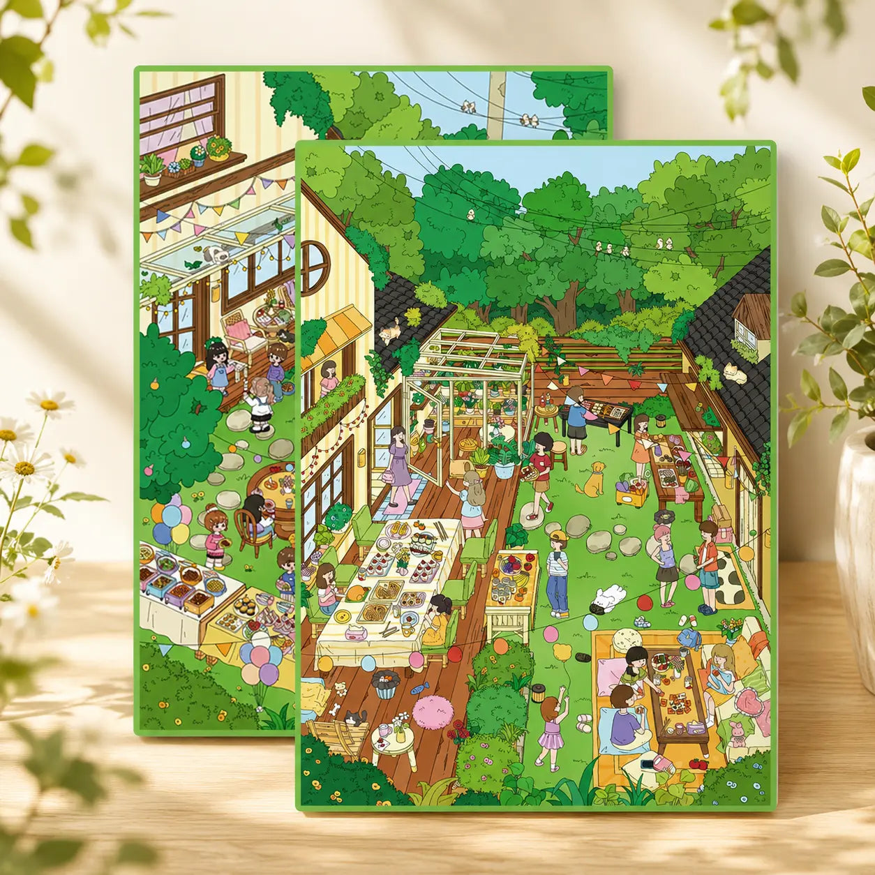 Garden and courtyard 3D scene sticker kit set with two completed outdoor gathering scenes