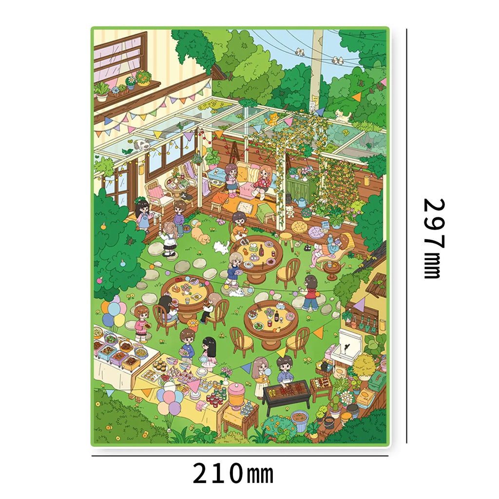 Completed garden gathering scene card measuring 210 by 297 millimeters