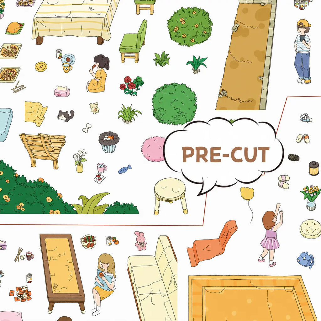 Pre-cut garden scene stickers featuring people, furniture, plants, food, pets, and outdoor decorations