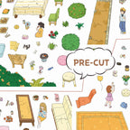 Pre-cut garden scene stickers featuring people, furniture, plants, food, pets, and outdoor decorations