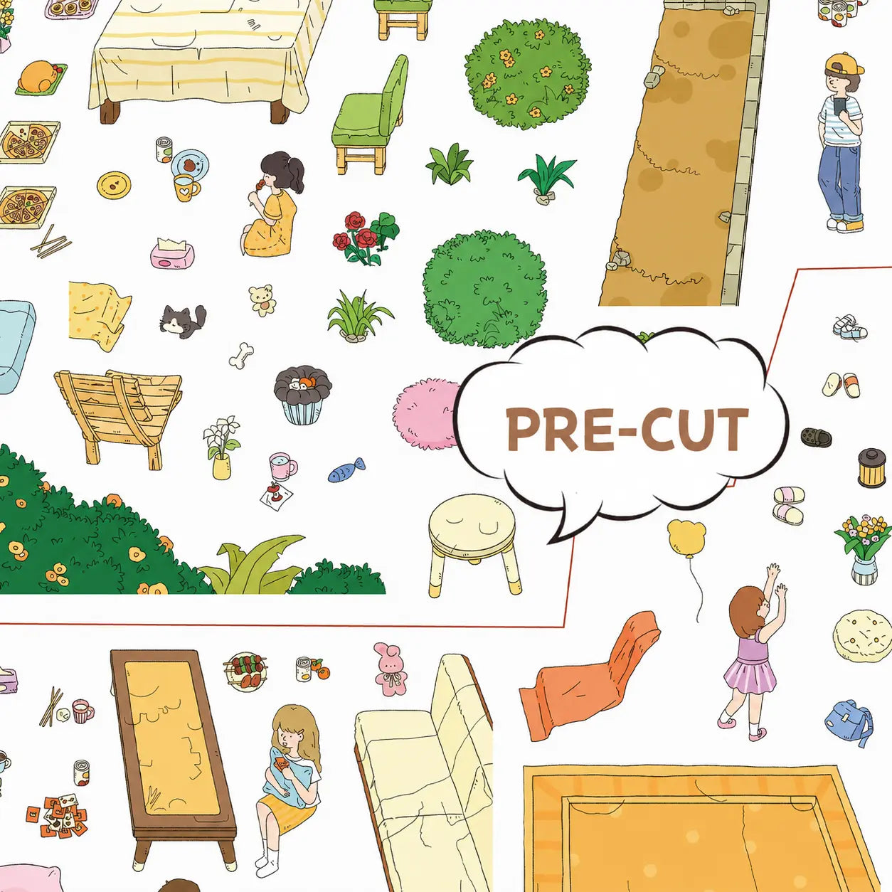 Pre-cut garden scene stickers featuring people, furniture, plants, food, pets, and outdoor decorations