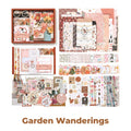 Garden Wanderings Junk Journal Kit flat lay showing the coordinated papers, ephemera, stickers, and craft embellishments included in the set