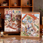 GemmeLabo Fairy Tale Town Embroidery Scene Sticker Book cover display with cozy cat room scene and spiral-bound pages