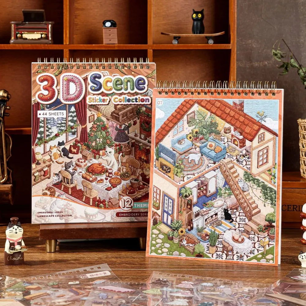 GemmeLabo Fairy Tale Town Embroidery Scene Sticker Book cover display with cozy cat room scene and spiral-bound pages