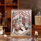 Greenhouse room scene page from the Fairy Tale Town Embroidery Scene Sticker Book with cats, plants, shelves, and garden details