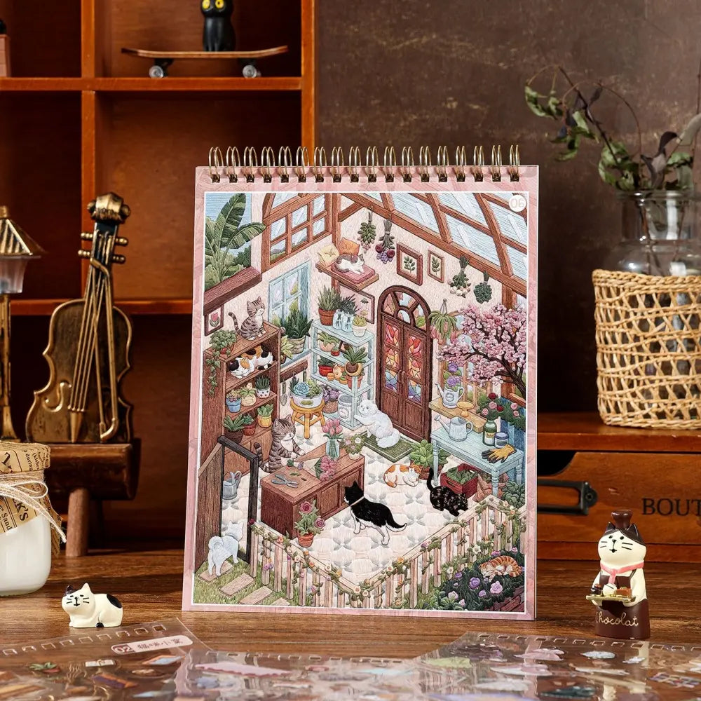 Greenhouse room scene page from the Fairy Tale Town Embroidery Scene Sticker Book with cats, plants, shelves, and garden details