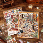 Cozy home scene page from the Fairy Tale Town Embroidery Scene Sticker Book with cats, furniture, stairs, bookshelves, and autumn window details