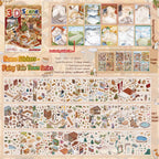 Contents overview for the Fairy Tale Town Embroidery Scene Sticker Book showing background pages, sample pages, and PET sticker sheets