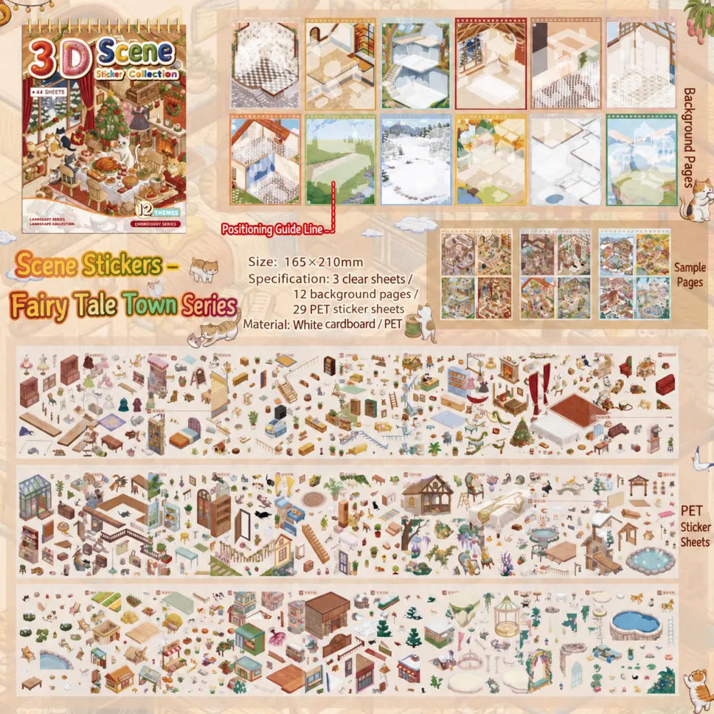Contents overview for the Fairy Tale Town Embroidery Scene Sticker Book showing background pages, sample pages, and PET sticker sheets
